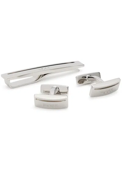 Hugo Boss Boss Logo-engraved Tie Pin And Cufflink Set In Silver