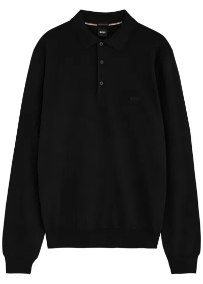 Hugo Boss Boss Logo Knitted Wool Polo Shirt In Black