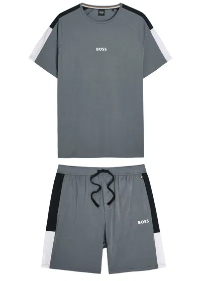 Hugo Boss Boss Logo-print Cotton-blend Lounge Set In Gray