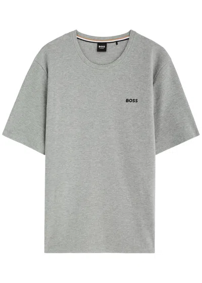 Hugo Boss Boss Logo Waffle-knit Cotton-blend T-shirt In Grey