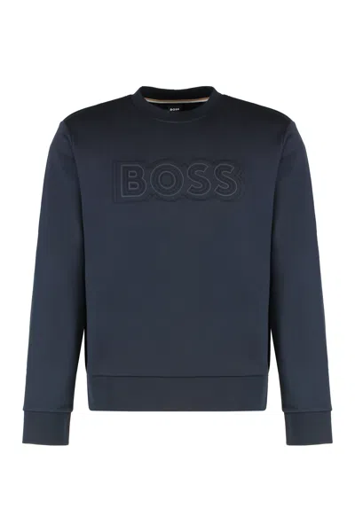 Hugo Boss Boss Logo-detail Cotton Sweatshirt With Ribbed Edges In Blue