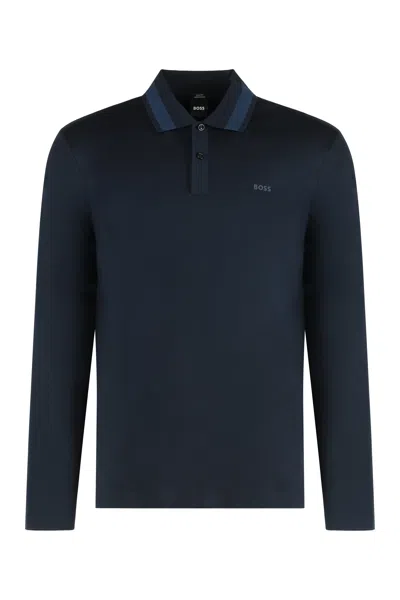 Hugo Boss Boss Long Sleeve Cotton Polo In Blue