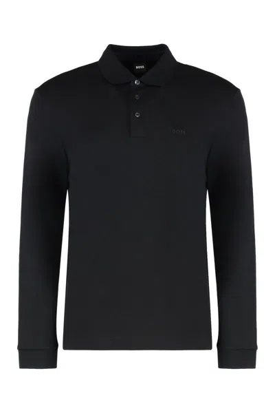 Hugo Boss Boss Long Sleeve Cotton Polo Shirt In Black