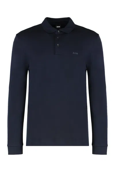 Hugo Boss Boss Long Sleeve Cotton Polo Shirt In Blue