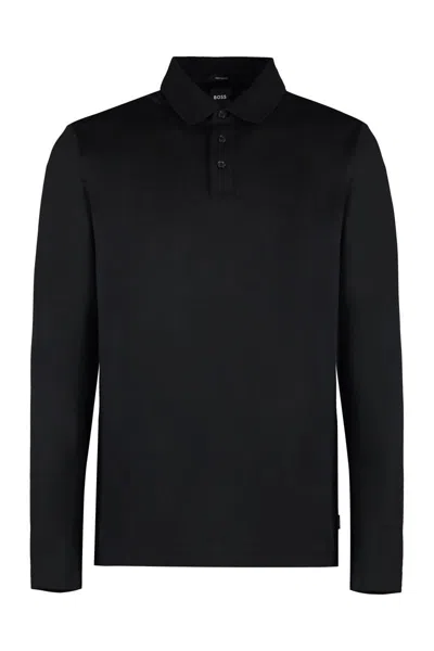 Hugo Boss Boss Long Sleeve Cotton Polo Shirt In Black