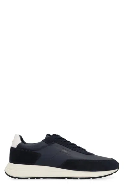 Hugo Boss Boss Low-top Leather Sneaker With Suede Inserts In Blue