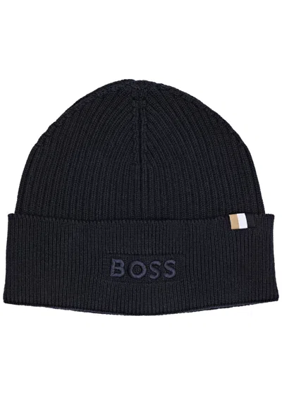 Hugo Boss Boss Magico Logo Cotton-blend Beanie In Blue