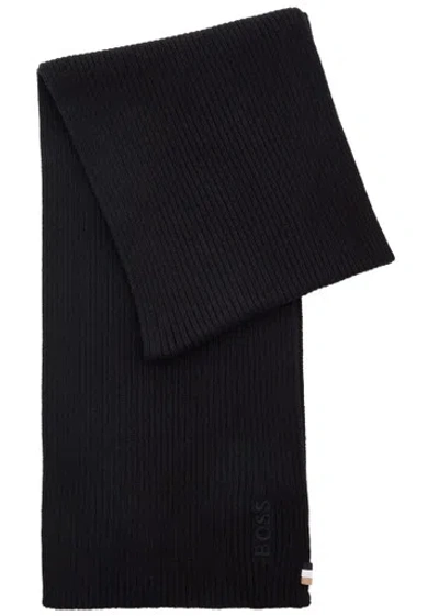 Hugo Boss Boss Magico Logo-embroidered Cotton-blend Scarf In Black