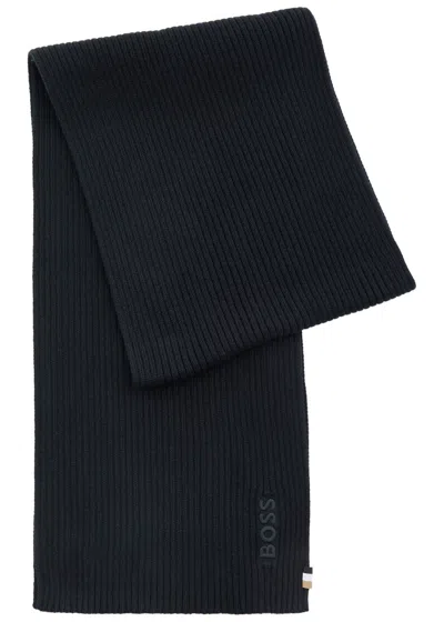Hugo Boss Boss Magico Logo-embroidered Cotton-blend Scarf In Blue