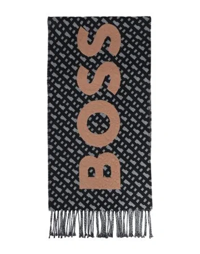 Hugo Boss Fringed Scarf With Logo And Monograms In Black