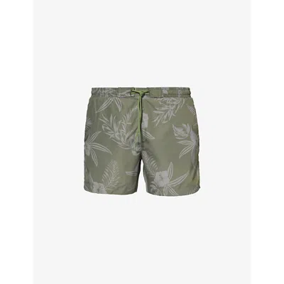 Hugo Boss Flower-print Recycled-polyester Swim Shorts In Beige/khaki