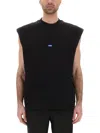 Hugo Boss Sleeveless Cotton-jersey T-shirt With Blue Logo Label In Black