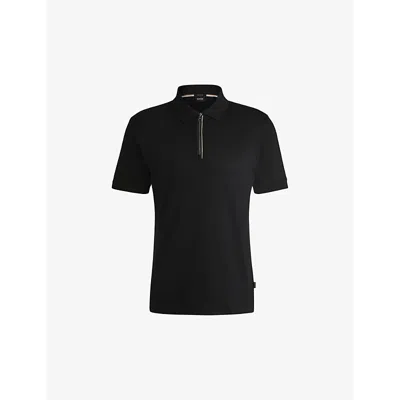 Hugo Boss Mercerized-cotton Slim-fit Polo Shirt With Zip Placket In Black