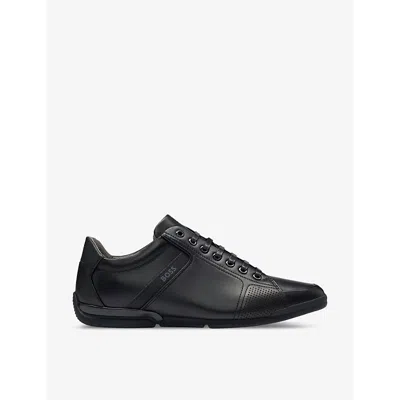 Hugo Boss Boss Mens Black Logo-emed Lace-up Leather Low-top Trainers