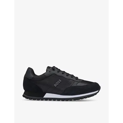 HUGO BOSS MENS BLACK LOGO-EMBOSSED MESH AND SUEDE LOW-TOP TRAINERS EUR 45 / 11 UK