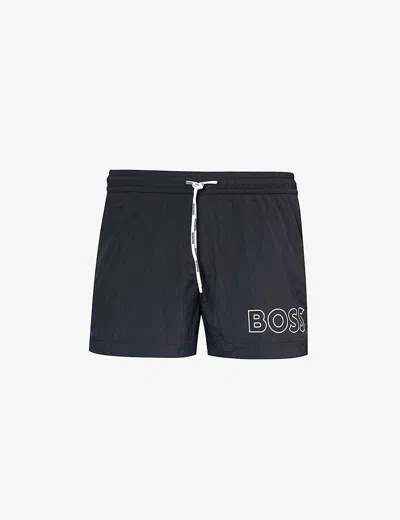 Hugo Boss Boss Mens Black Logo-print Regular-fit Recycled-polyester Swim Shorts