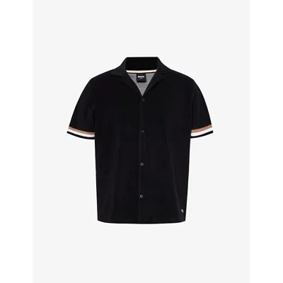 Hugo Boss Boss Mens Black Stripe-trim Relaxed-fit Terry Cotton-blend Shirt