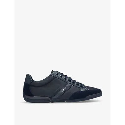 HUGO BOSS MENS DARK BLUE LOGO-BADGE LACE-UP LOW-TOP WOVEN TRAINERS EUR 44 / 10 UK