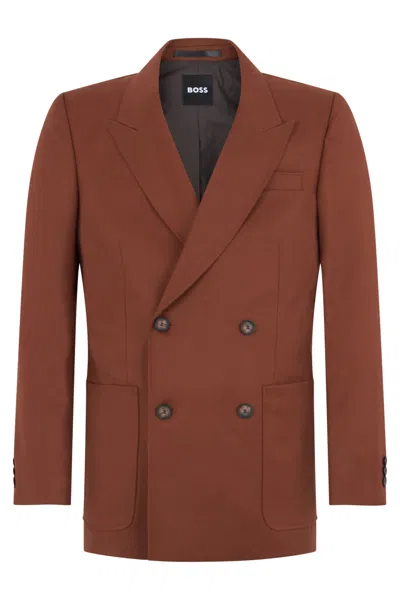 Hugo Boss Virgin Wool Double-breasted Jacket In Brown