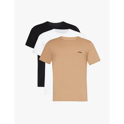 Hugo Boss Boss Mens Medium Beige Crewneck Embroidered Branding Cotton-jersey T-shirt