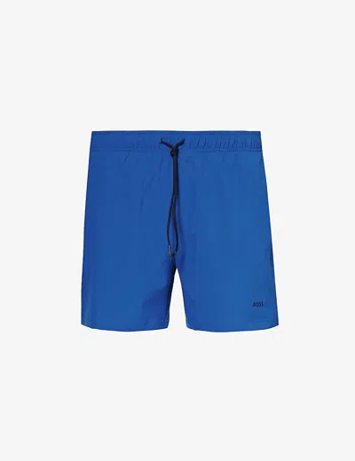 Hugo Boss Boss Mens Medium Blue Logo-embellished Regular-fit Recycled-polyester Swim Shorts