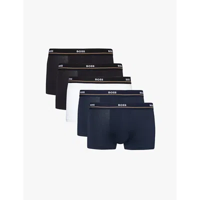 Hugo Boss Boss Mens Open Blue Branded Waistband Stretch-cotton Boxer Trunks