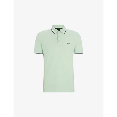 HUGO BOSS MENS OPEN GREEN LOGO-EMBROIDERED STRIPE COTTON-PIQUÉ POLO SHIRT