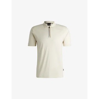 HUGO BOSS MENS CONTRAST-TRIM SLIM-FIT COTTON POLO SHIRT OPEN WHITE