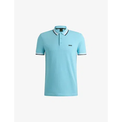 Hugo Boss Mens Turquoise/aqua Logo-embroidered Stripe Cotton-piqué Polo Shirt Xxl In Turquoise/aqua