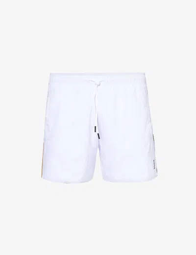 Hugo Boss Boss Mens White Logo-print Regular-fit Recycled-polyester Swim Shorts