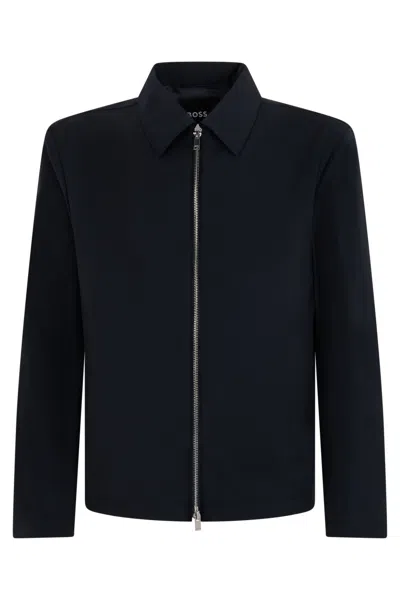 Hugo Boss Boss Modern Zip-front Virgin Wool Jacket With Classic Collar In Black