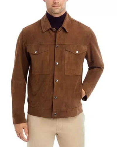Pre-owned Hugo Boss Boss Motheo Snap Front Leather Jacket Men's 46r Brown Long Sleeve Collared