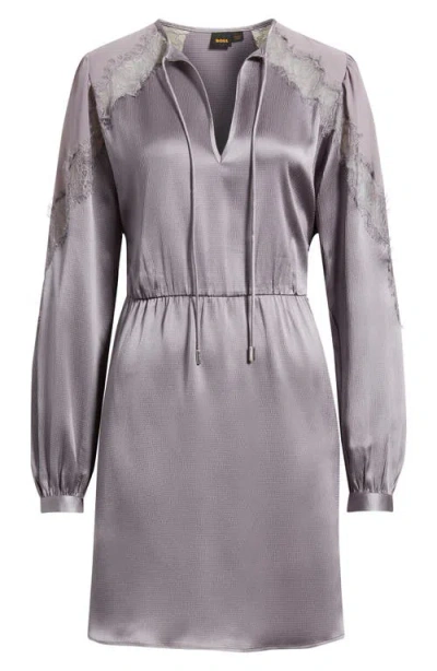 Hugo Boss Boss Orange Dlassys Long Sleeve Satin & Lace Dress In Purple