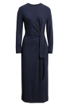 Hugo Boss Boss Orange Erlot Side Tie Long Sleeve Midi Dress In Blue