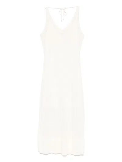 Hugo Boss Boss Orange Light Beige V-neck Midi Dress With Intricate Knit Detail In White