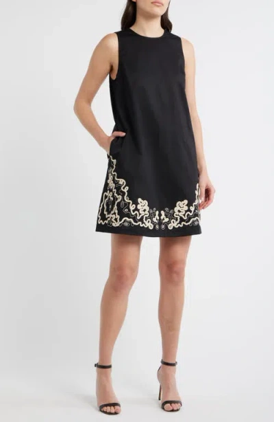 Hugo Boss Boss Orange Sleeveless Embroidered Hem Cotton Dress In Black