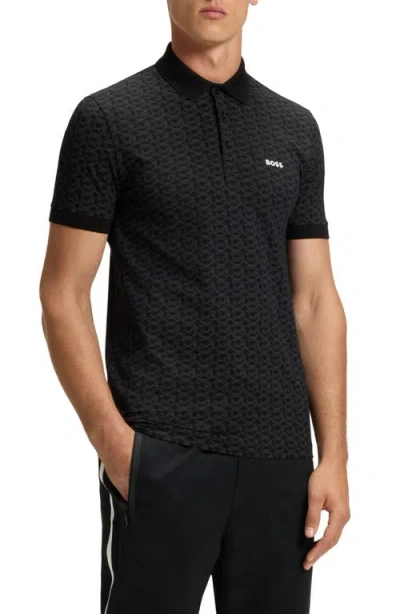 Hugo Boss Boss Paddy Geo Print Cotton Polo In Black