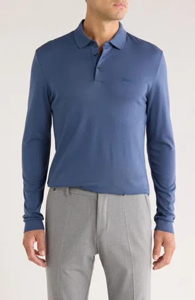 Hugo Boss Boss Pado Long Sleeve Cotton Polo In Blue
