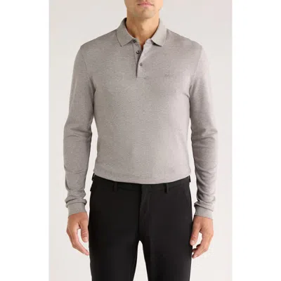 Hugo Boss Boss Pado Long Sleeve Cotton Polo In Gray