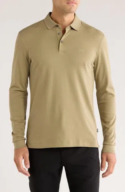 Hugo Boss Boss Pado Long Sleeve Cotton Polo In Green