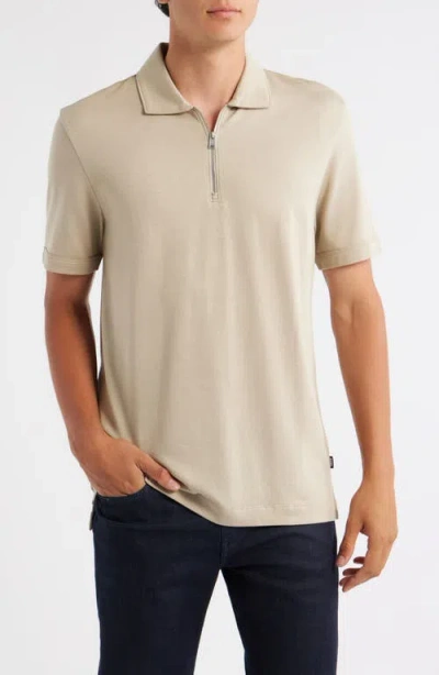 Hugo Boss Boss Paras Piqué Zip Polo In Neutral