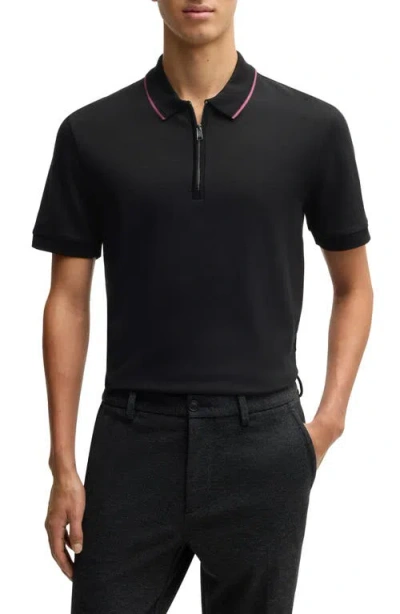 Hugo Boss Boss Paras Quarter Zip Cotton Polo In Black