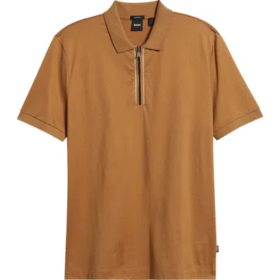 Hugo Boss Boss Paras Quarter Zip Cotton Polo In Brown