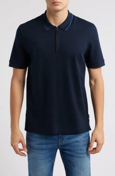 Hugo Boss Boss Paras Quarter Zip Cotton Polo In Dark Blue
