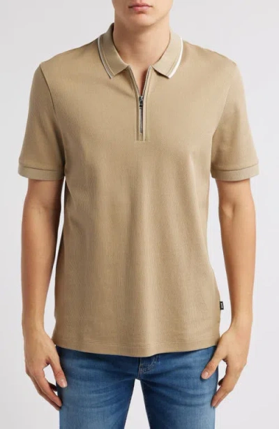 Hugo Boss Boss Paras Quarter Zip Cotton Polo In Light Beige
