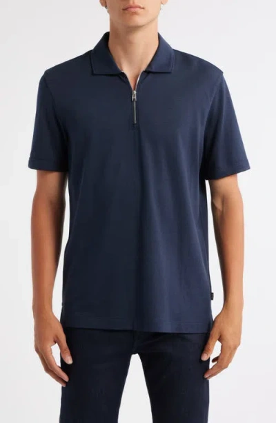 Hugo Boss Boss Paras Solid Lyocell & Cotton Zip Polo In Blue