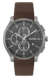 Hugo Boss Gray-plated Chronograph Watch With Leather Strap Men's Watches In Brown/gray