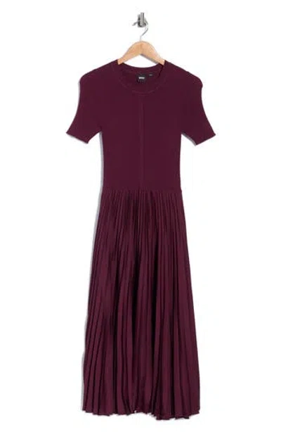 Hugo Boss Mixed-material Dress With Pleated Skirt In Burgundy