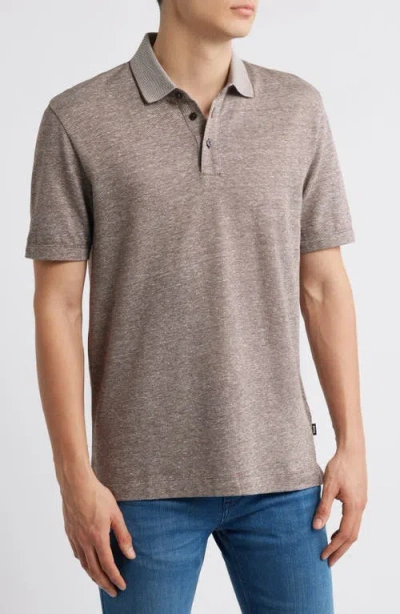 Hugo Boss Boss Press Cotton And Linen Polo In Dark Brown