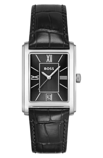 Hugo Boss Boss Principle Dress Leather Strap Watch, 28mm X 7.8mm In Black